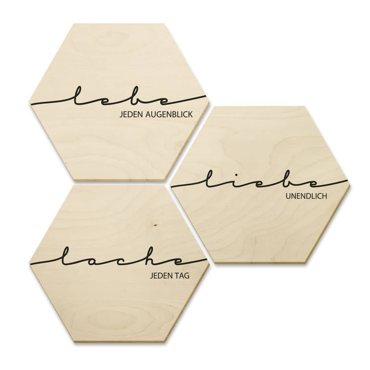 Hexagon - Holz Birke-Furnier - Lebe, Lache, Liebe (3er Set) - WA233294