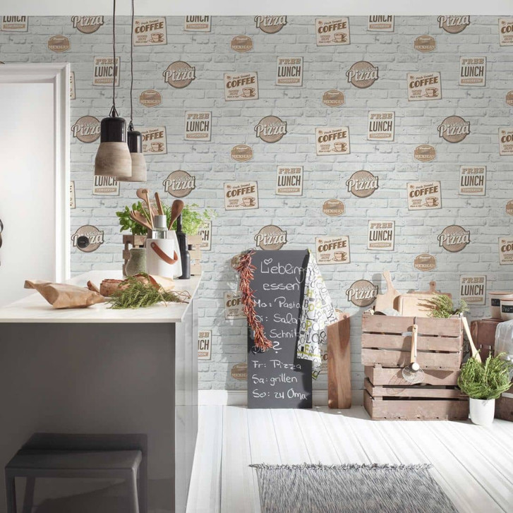 Selbstklebende Tapete & Möbelfolie - Kaffe und Pizza - weiss, beige - Rolle 840x53 cm - WA418318
