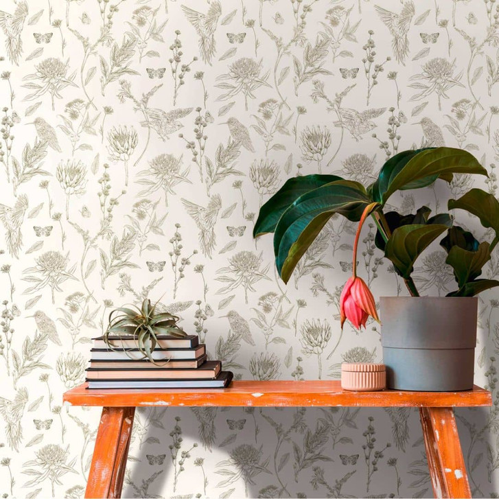 Vliestapete mit Blumen und Vögeln Weiss Grün - Tapete floral im Zeichen-Stil - WA415893
