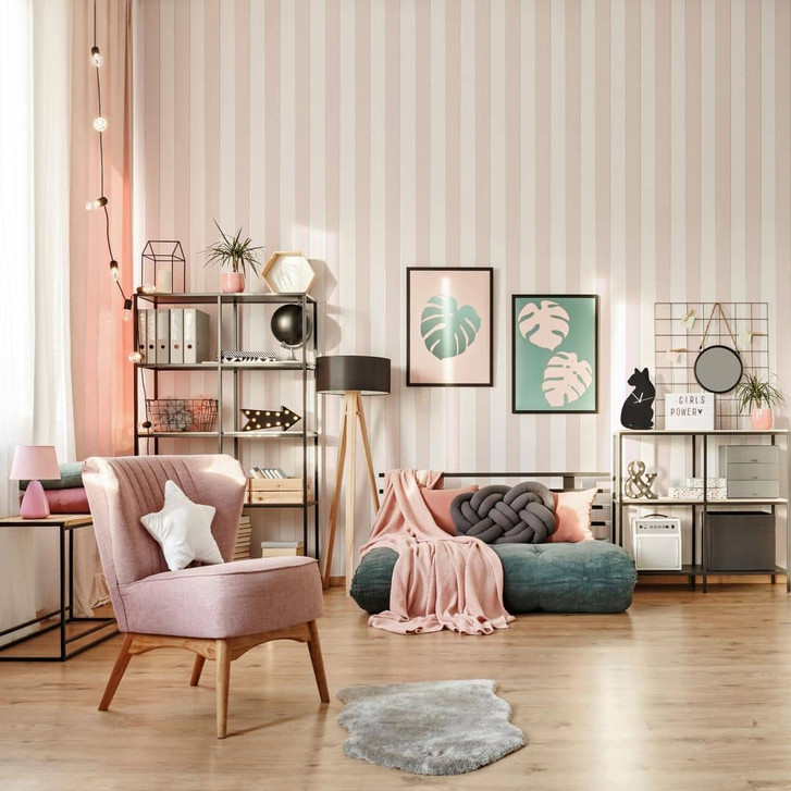 Vliestapete mit leicht glänzenden Blockstreifen weiss, rosa Streifen - WA451264