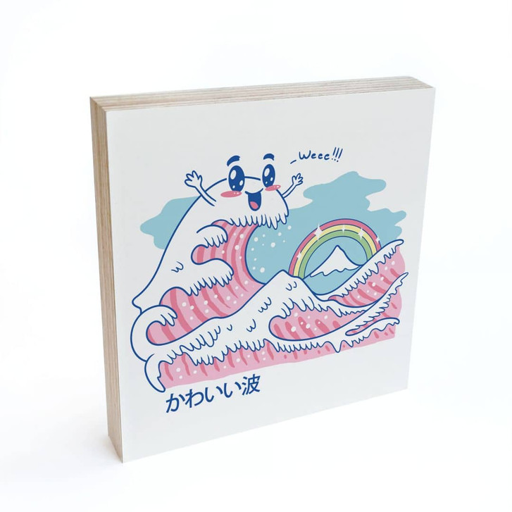 Holzbild zum Hinstellen - Kawaii Welle mit Regenbogen und Berg Fuji - Trinidad - 15 x 15 cm - WA418856