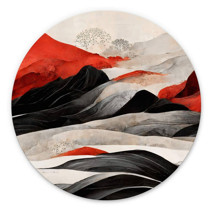 Wandbild Treechild - Rote Berge im Japandi Stil - Alu-Dibond Rund - WA394453