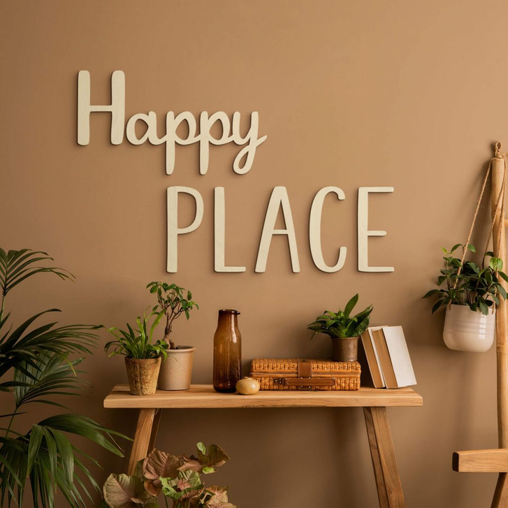 3D Deko Schriftzug Happy Place - Pappelholz - WA402040
