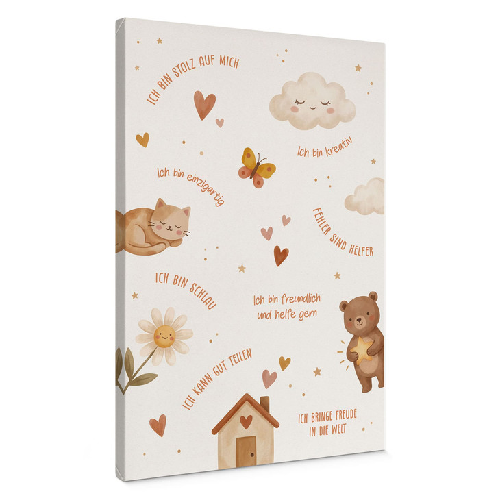 Leinwandbild - Affirmationen Happy mit Katze und Bär - WA513282