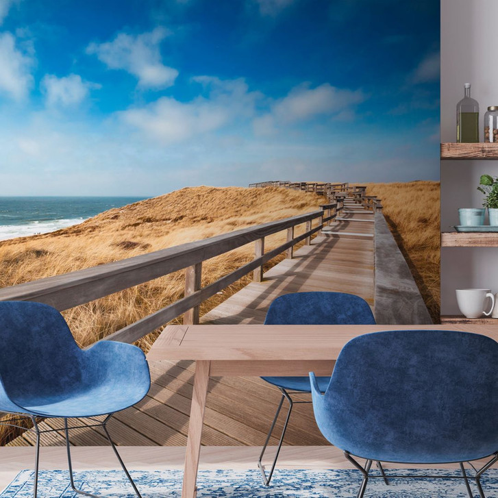 Strand-Fototapete Steg Dünen Blau Braun – Vliestapete 3.75 m x 2.50 m Meermotiv - WA504972