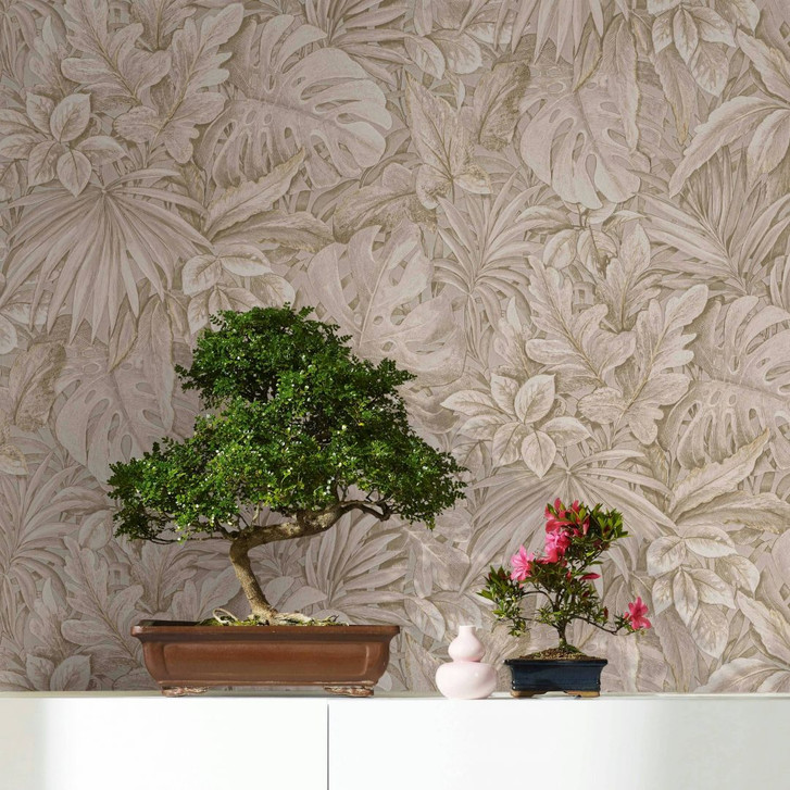 Vliestapete mit strukturiertem Blattmotiv beige Floral - WA450344
