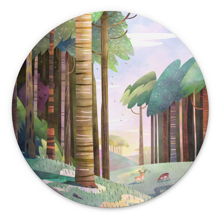Wandbild Sonniger Wald mit Hirsch - DigitalArtsi - Rund - Alu-Dibond - WA486671