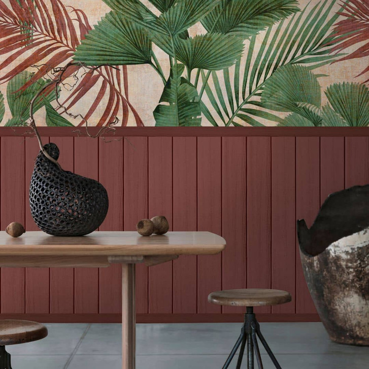 Fototapete Dschungelgrün mit Holzpaneel Rot Beige – Tropische Vliestapete erweiterbar - WA460893