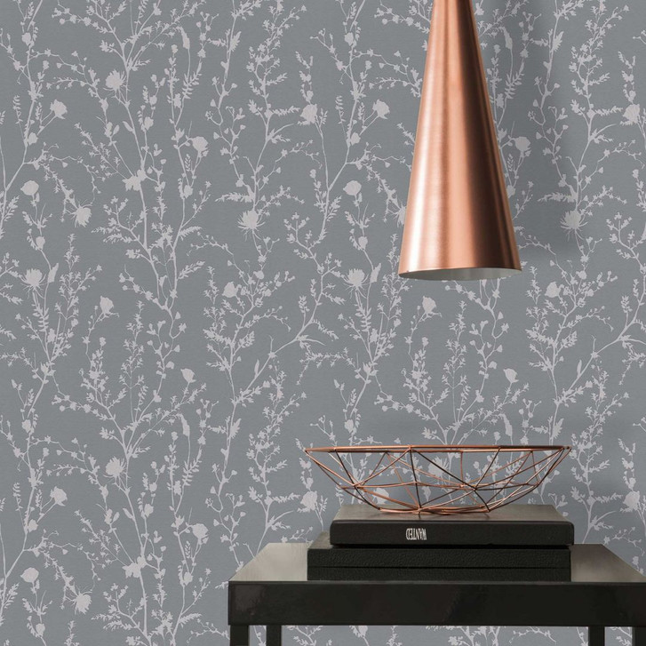 Mustertapete Äste Blüten Silber Grau - Blümchen Vliestapete floral - Blumen-Tapete - WA396950