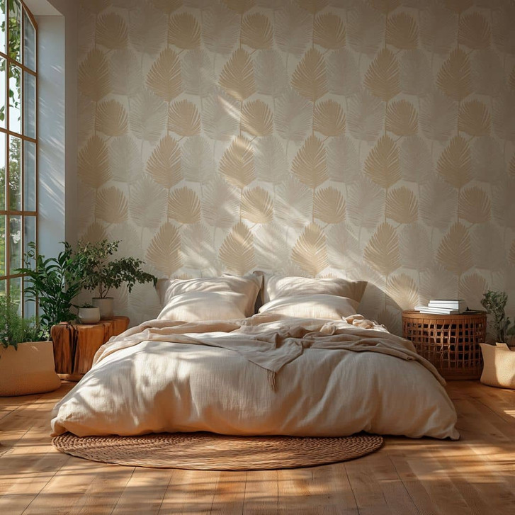 Palmblatt-Tapete Beige Sand – Tropisches Blättermotiv auf Vliestapete - WA465692