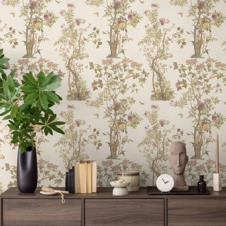 Florale Mustertapete mit Schmetterlingen Beige Grün Rosa - Vliestapete Naturmotiv - WA480105