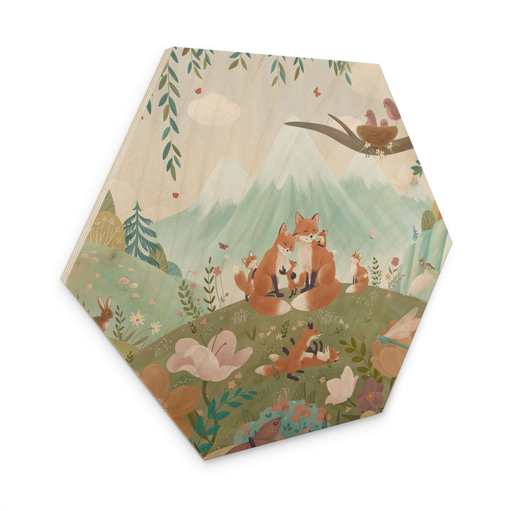 Hexagon Holzbild Fuchs Familie auf der Blumenwiese - Oliver Robins - WA519047