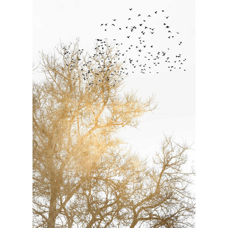 Livingwalls Fototapete ARTist Golden Skies mit Baumkronen gold, schwarz, weiss - WA310847