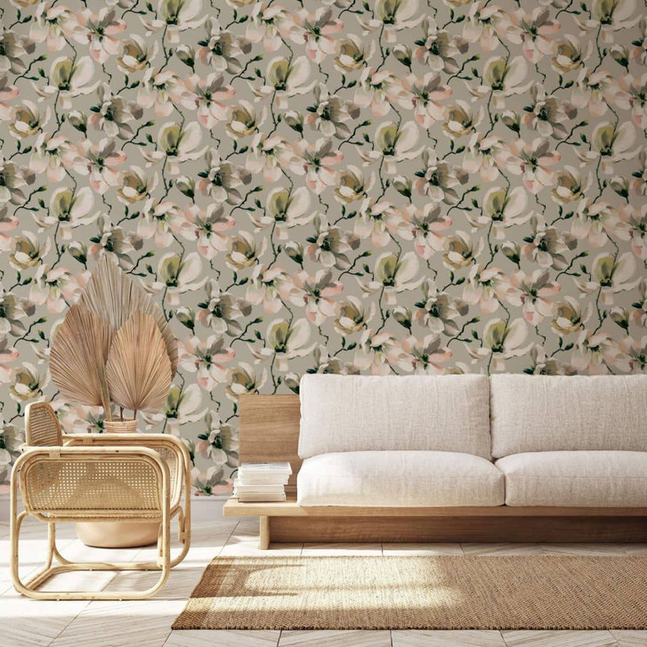 Vliestapete mit Blättern in gemaltem Stil beige, weiss Floral - WA445801