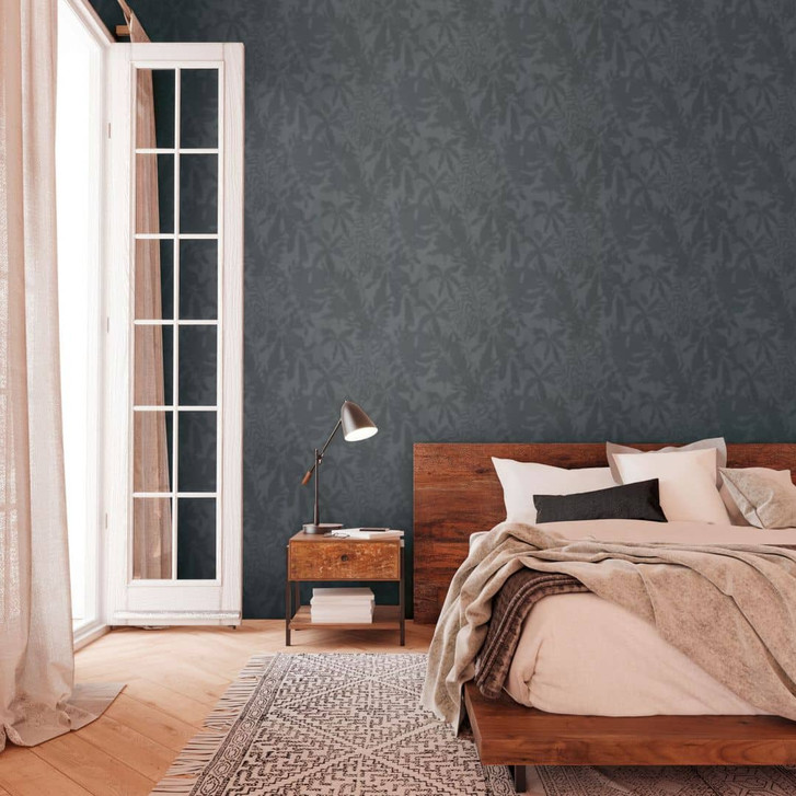 Blattschatten-Tapete Dunkelblau – Tropisches Schattenmuster – Vliestapete modern - WA459060
