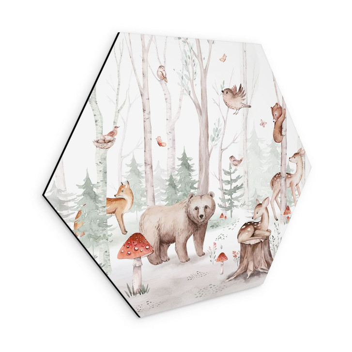 Hexagon Wandbild Waldtiere im Herbst - Kvilis - Alu-Dibond - WA492051