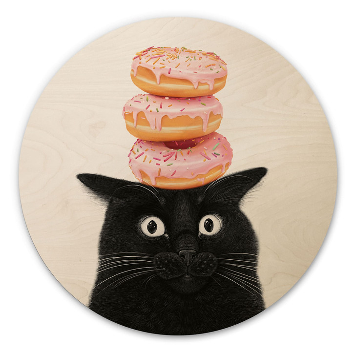 Holzbild Schwarze Katze mit pinken Donuts - Korenkova - Rund - WA516299