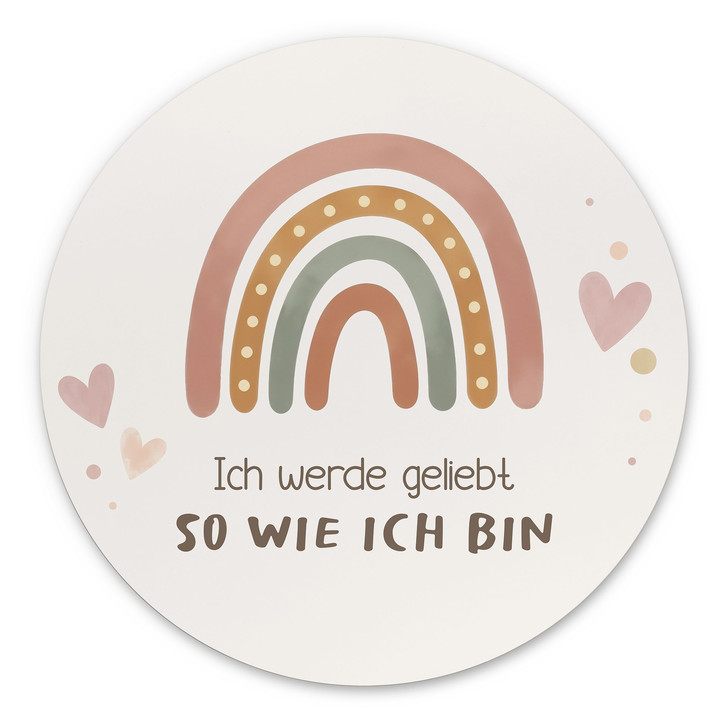 Rundes Alu-Dibond mit Boho-Regenbogen - Selbstliebe-Spruch 