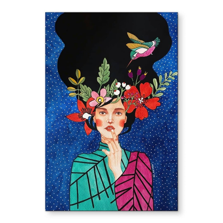 Wandbild Frau mit Kolibri in der Sternennacht - Hülya - Alu-Dibond - WA492291