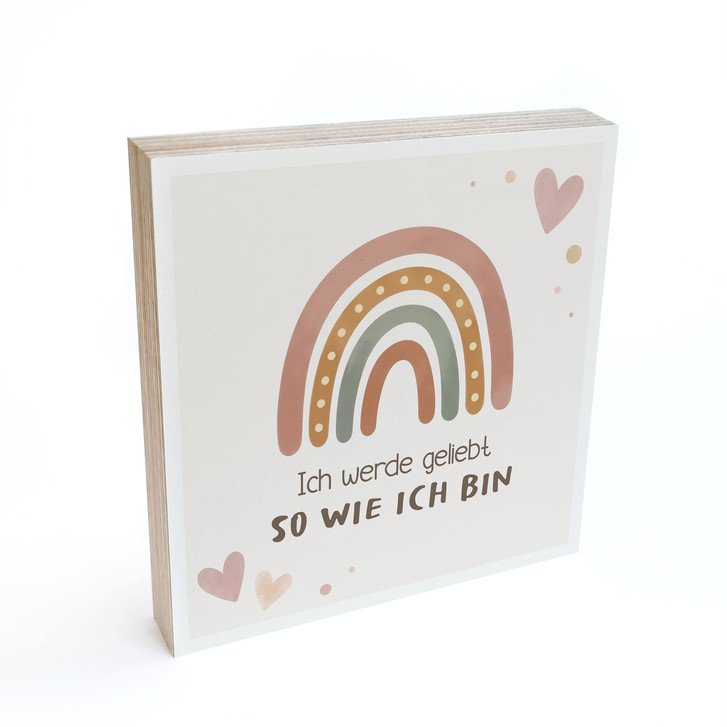 Holzbild zum Hinstellen - Boho-Regenbogen mit Mutmachspruch 