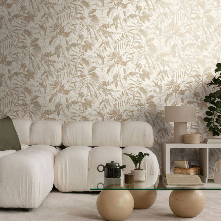 Pflanzen-Tapete Beige Weiss – Blättermotiv Naturstil – Vliestapete mit Struktur - WA465507
