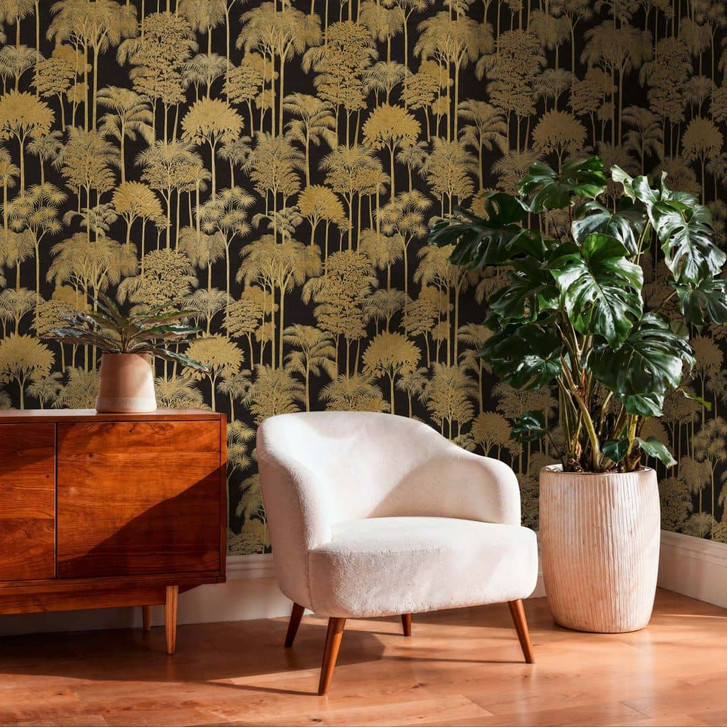 Vliestapete Wald Bäume Palmen schwarz gold Tapete Wandtapete Natur Landschaft Flur - WA503054