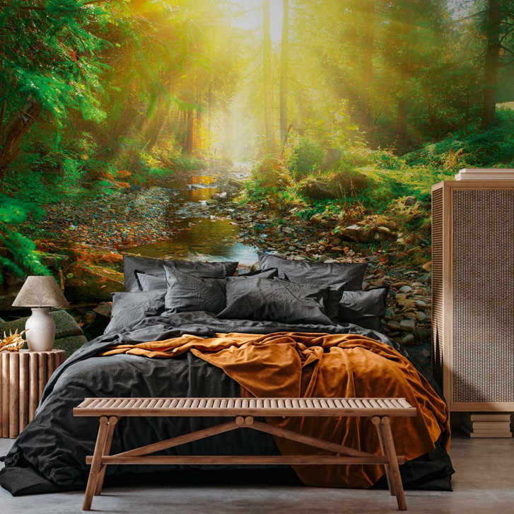 Wald-Fototapete mit Bach Sonnenlicht Grün Braun – Vliestapete 3.75 m x 2.50 m Natur - WA504974