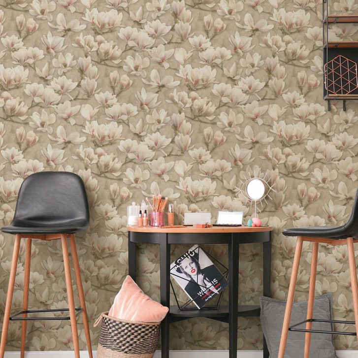Magnolien-Tapete Beige Rosa – Florale Mustertapete mit Blumen – Vliestapete - WA465178