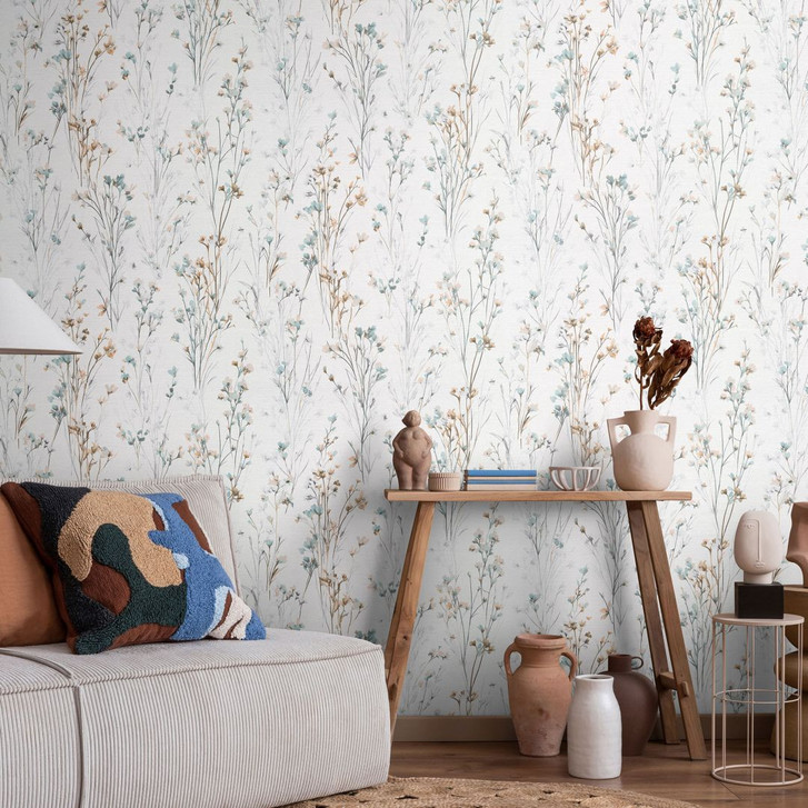 Vliestapete mit zarten Wiesenblumen in Mint Apricot als florale Naturtapete - WA509702
