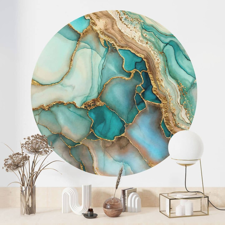 Wandtattoo Marmorierte Wellen in Türkis und Gold - Haase - Rund - WA433726
