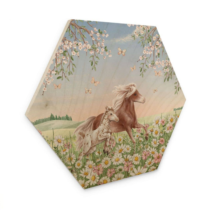 Hexagon Holzbild Pferde auf der Blumenwiese - Kikki Belle - WA495452