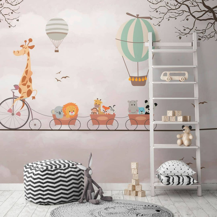 Fototapete Tiere im Zug Rosa Beige 3.75 x 2.50 m - Kindertapete mit Heissluftballon - WA504994
