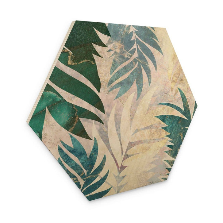 Hexagon Holzbild Exotische Palmenblätter in Gold-grün - Manovski - WA471834