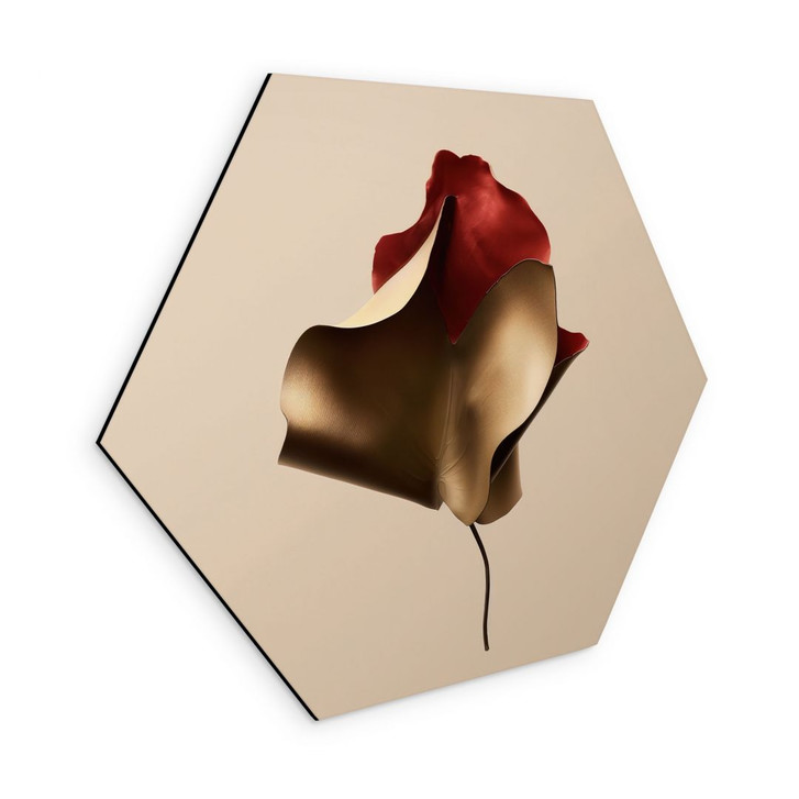 Hexagon Wandbild Elegantes Blatt in Gold und Rot - Alma - Alu-Dibond - WA491458