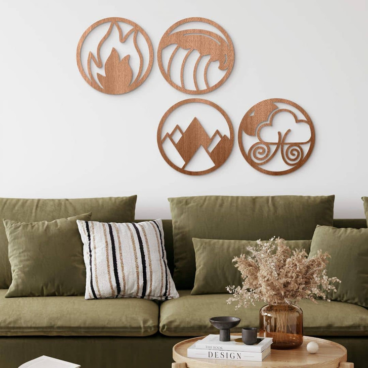 Holzdeko Vier Elemente - Feuer Wasser Erde Luft - Mahagoni (4-teilig) - WA401953