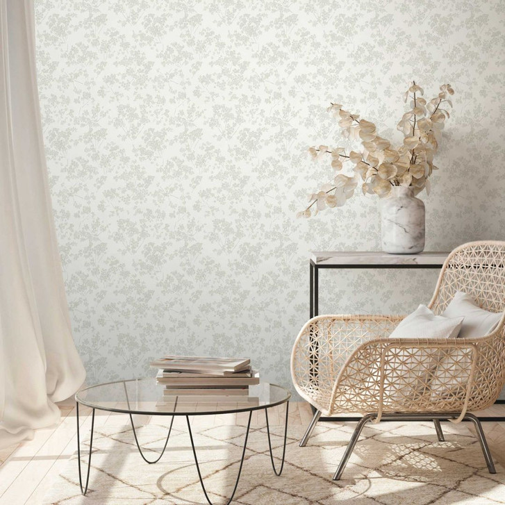 Tapete dezentes Blumen-Muster Grün Weiss - Florale Mustertapete mit Blüten - WA396974
