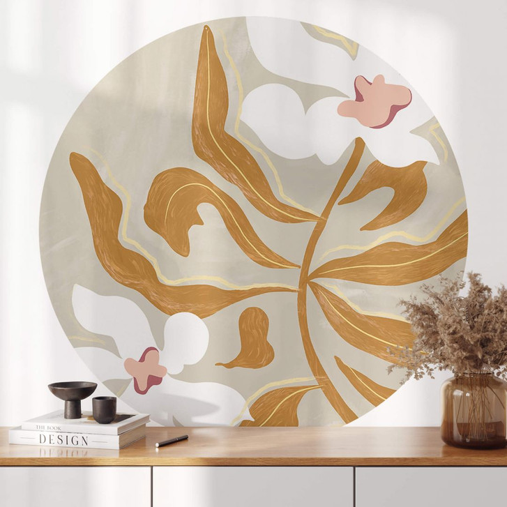 Wandtattoo Blumen - Weisse Blüte und goldene Blätter Rund - Arty Guava - WA412650