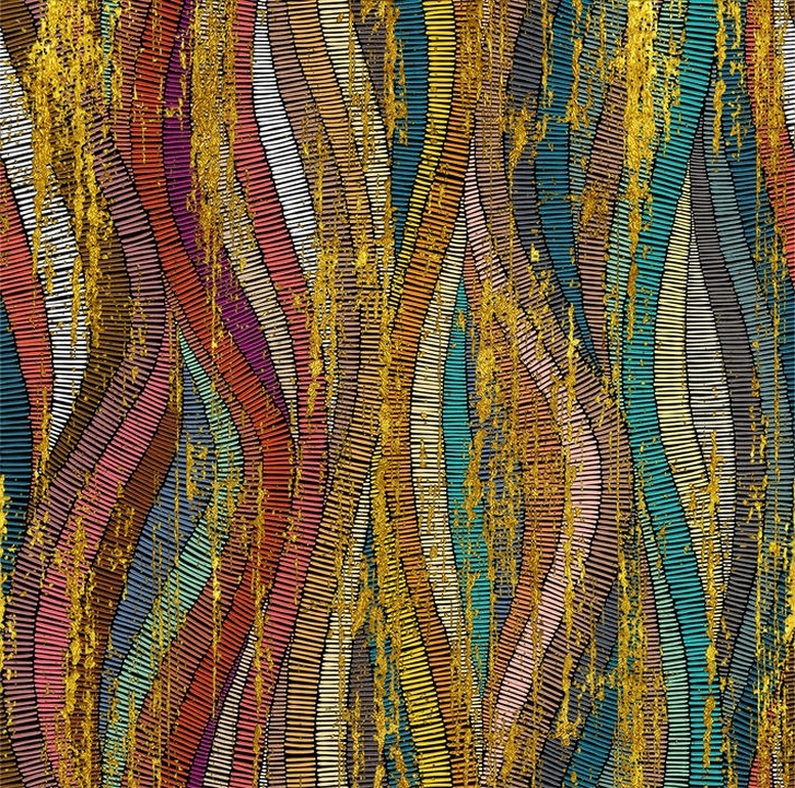 Fototapete Wandtapete mit Motiv Bunte Wellenstreifen mit goldener Struktur in Pop-Stil 2.70 x 2.72m - WA505139