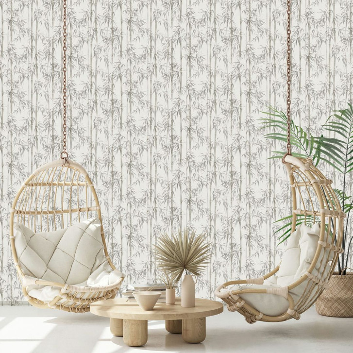 Vliestapete in grau Bambus Blätter Floral Natur - WA451170