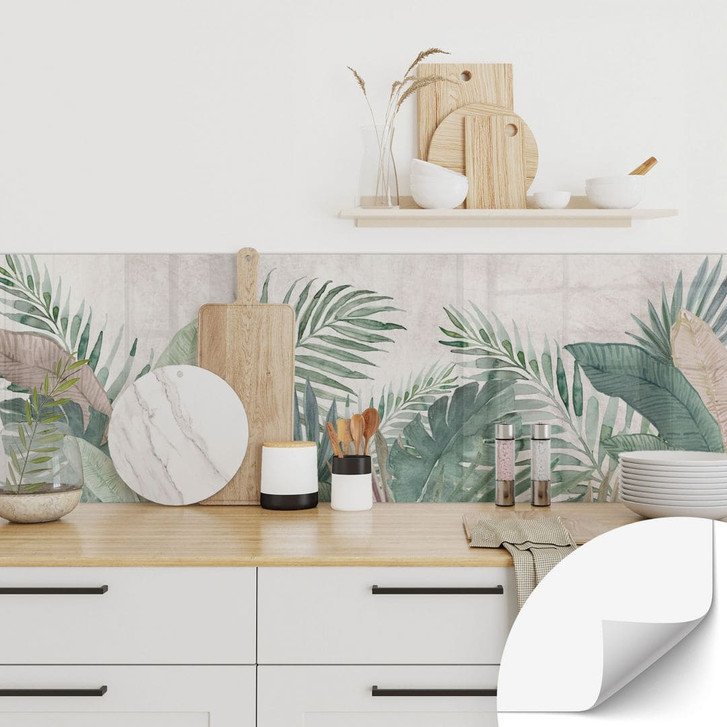 Selbstklebende Küchenrückwand Dschungel-Blätter Grün Aquarell - Bloomery Decor - WA483875