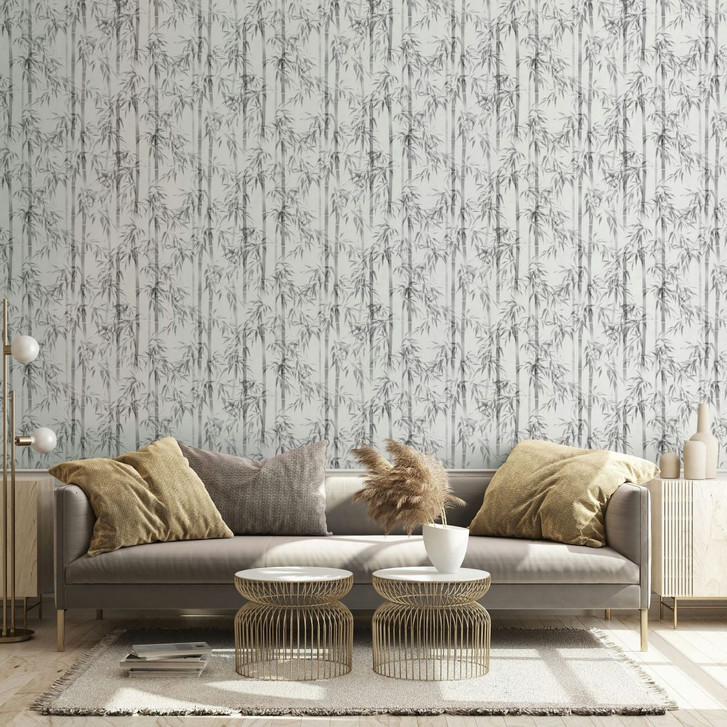 Vliestapete in weiss, grau Bambus Blätter Floral Natur - WA451172