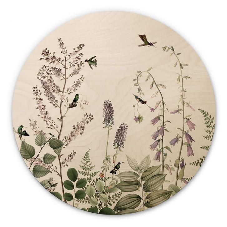 Holzbild Sir Edward - Kolibris im Garten - Rund - WA355516