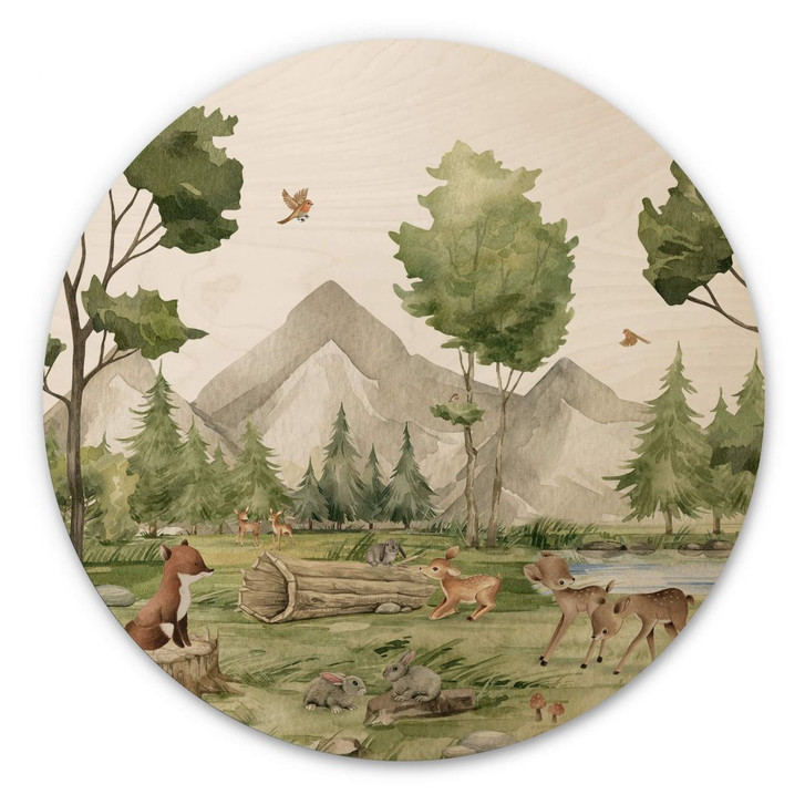 Kinderzimmer Holzbild Oliver Robins - Niedliche Tiere im Wald - Rund - WA400883