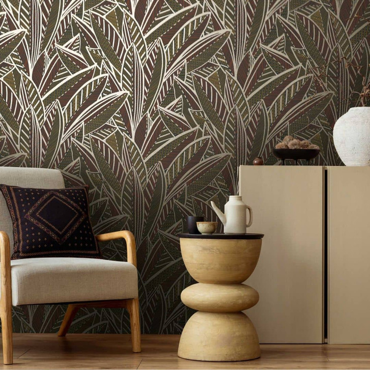 Dschungel-Tapete mit Blattmuster Braun Schwarz Gold – Exotische Vliestapete modern - WA457003