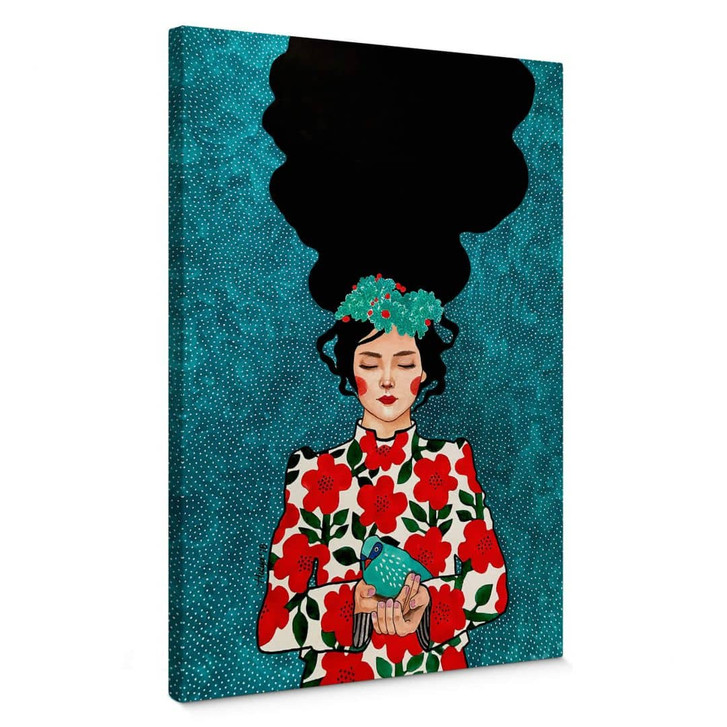 Leinwandbild Frau mit kleinem Vogel in den Händen - Hülya - WA404419