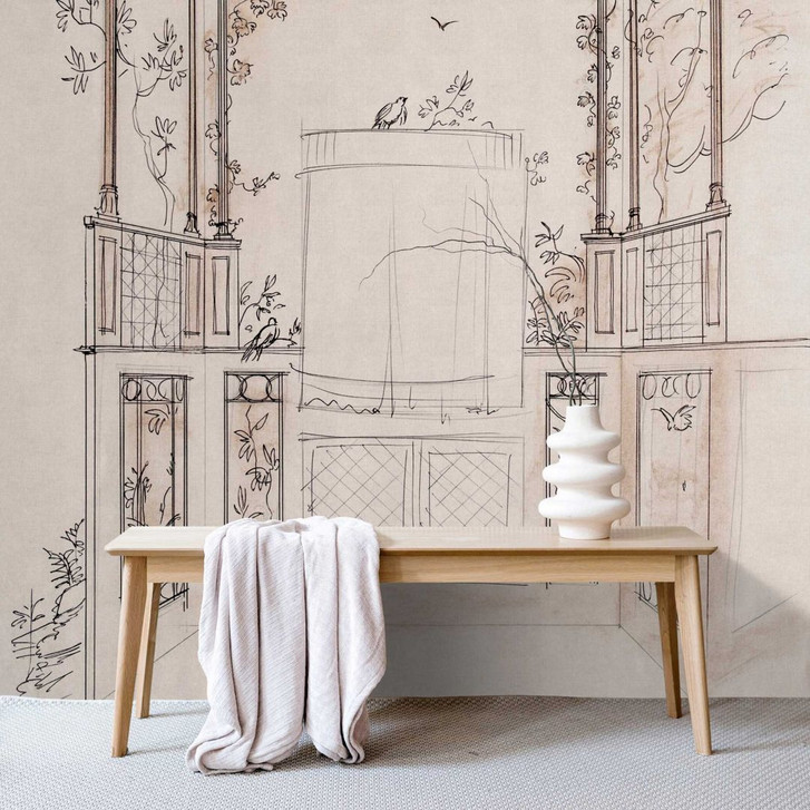 Fototapete Skizzierte Architektur mit Gartenmotiv - Künstlerische Vliestapete - WA386092