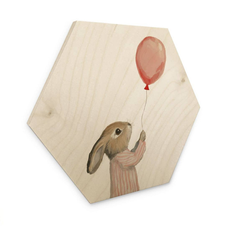 Hexagon Holzbild Süsser Hase mit Luftballon - Treechild - WA495528