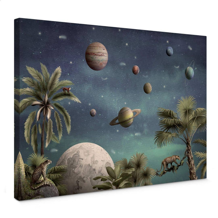Leinwandbild Kikki Belle - Tropische Fantasiewelt mit Planeten und Palmen - WA403947