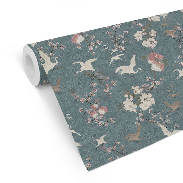 Mustertapete Kraniche im Kirschblüten-Rausch Blau - Bloomery Decor - WA496044