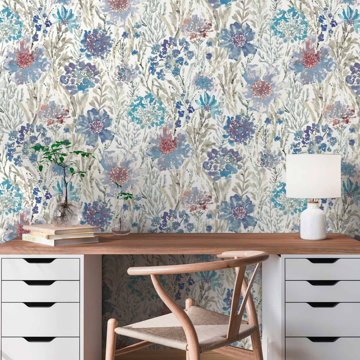 Blumentapete Aquarell Blau Grau - Florale Vliestapete - Elegant - WA449579